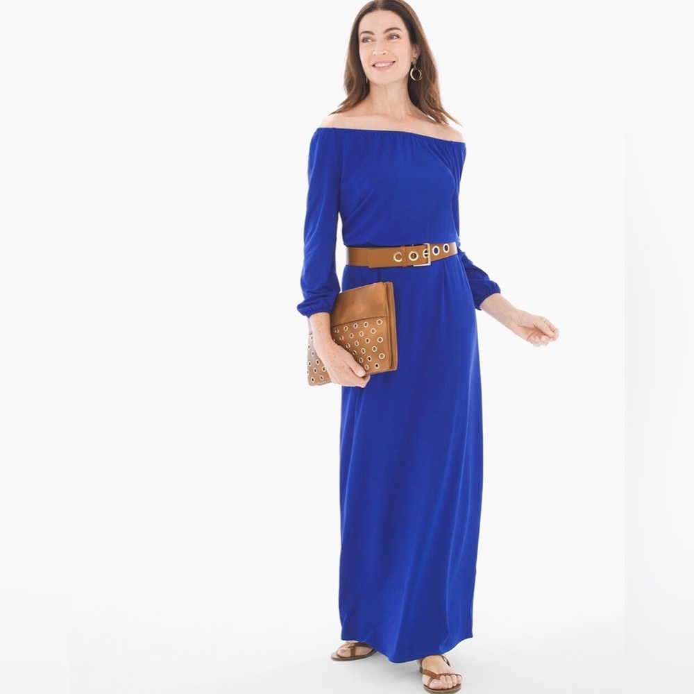 Chico’s Solid Peasant Maxi Dress in Sapphire Blue, Size 16/XL NEW Retail $109